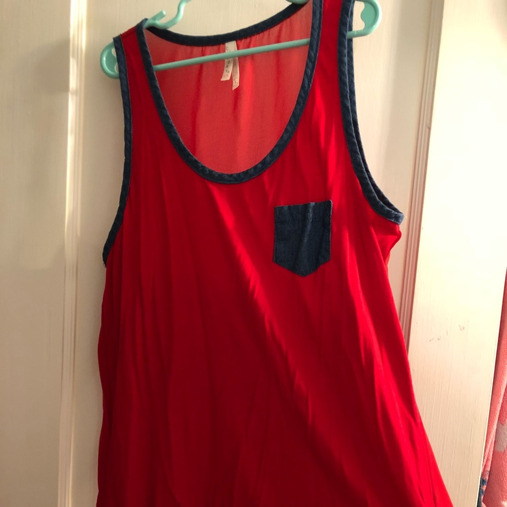 Red tank with denim pocket and trim